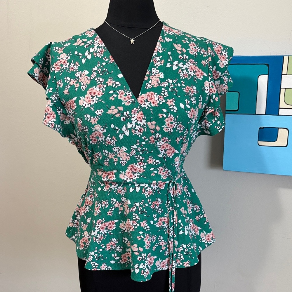 Green Floral Wrap Peplum Top with Tie Waist
